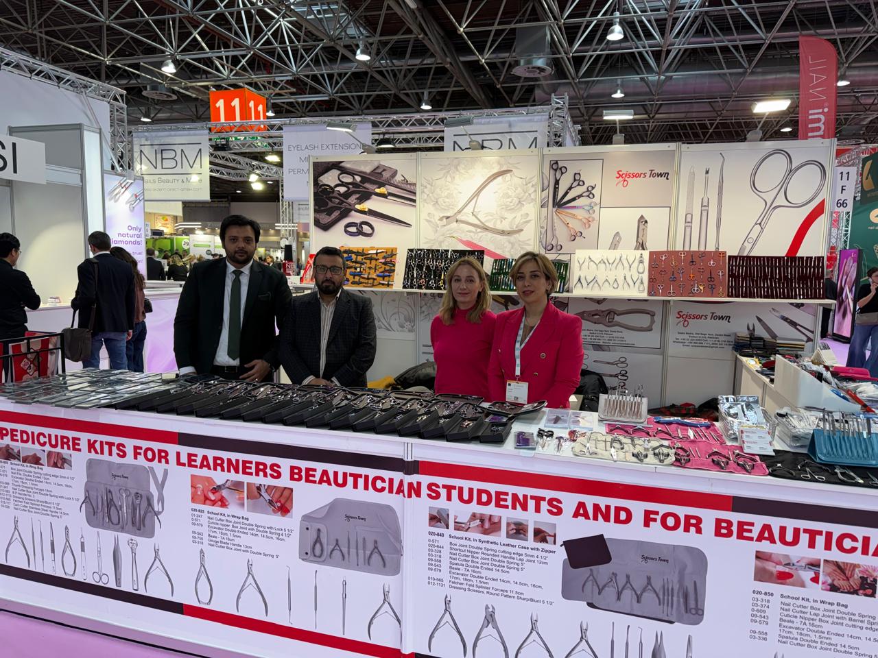 Scissors, pedicure kits and beauty instruments displayed at the Scissors Town stand. Beauty Düsseldorf 2026.